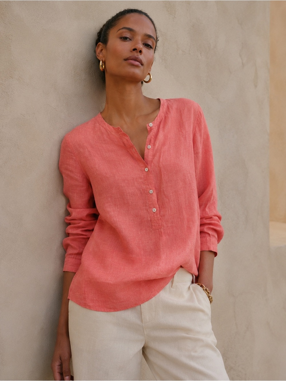 J.Jill Love Linen Coral Henley Popover Blouse Linen Lyocell Long Sleeve M
